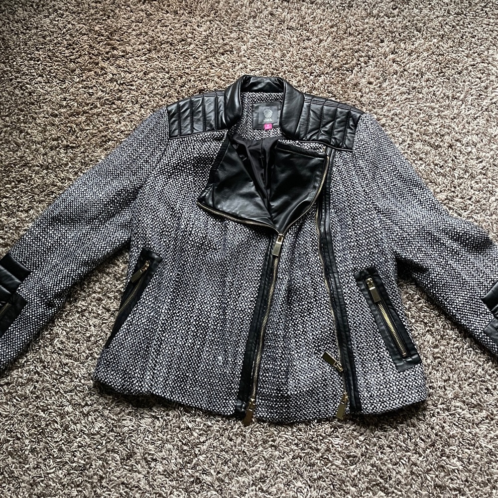 Vince Camuto Tweed and Faux Leather Moto Jacket